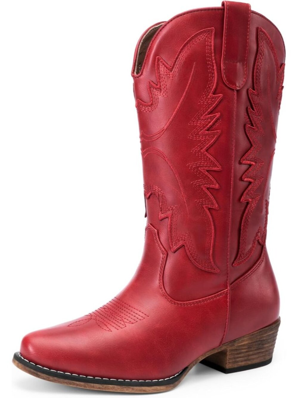 DREAM PAIRS Women's Red Cowgirl Western Mid Calf Embroidered Snip Toe Boots